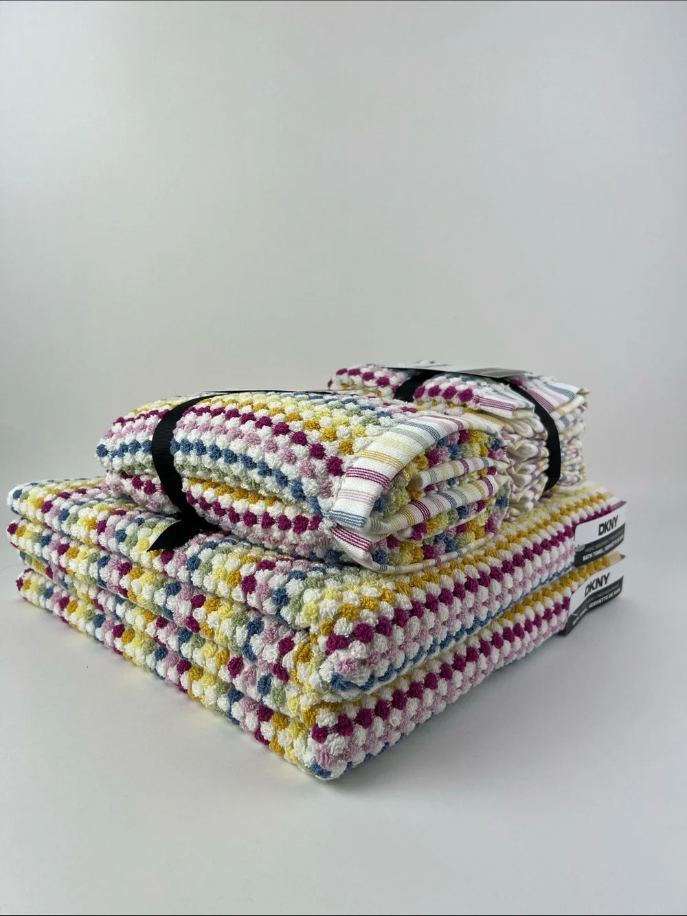 DKNY Bath Towel Set Multicolor Striped & Dot Bath Hand Wash Soft Cotton 8 Pc NEW